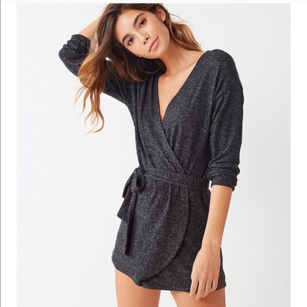 Out From Under Wrap Long Sleeve Romper Short Gray